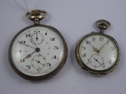 null Deux montres de poche en argent (925) :

- la plus grande, formant chronographe...