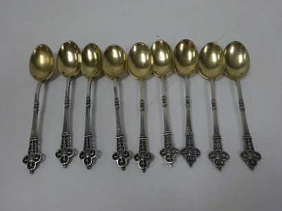 CARDEILHAC 

Série de neuf cuillers en argent (925) blanc et doré à spatule trilobée...