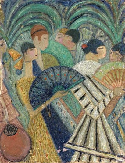 Juliette ROCHE (1884-1974) 
Femmes aux éventails.
Huile sur toile.
Non signée.
92...