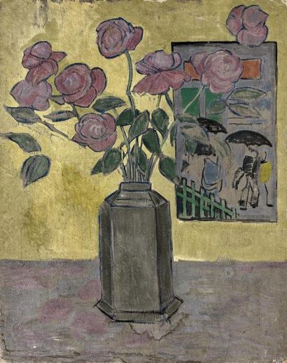 Juliette ROCHE (1884-1974) 
Bouquet de roses sur fond jaune.
Huile sur toile.
Non...