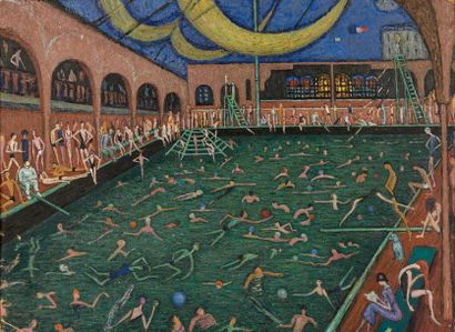 Juliette ROCHE (1884-1974) 
La piscine sur la Seine.
Huile sur carton.
Non signée.
62,5...