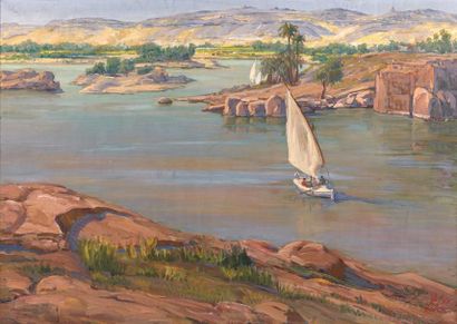 Salah TAHER (1911-2007) 
Le Nil à Assouan, 1952.
Huile sur toile.
Signée et datée...