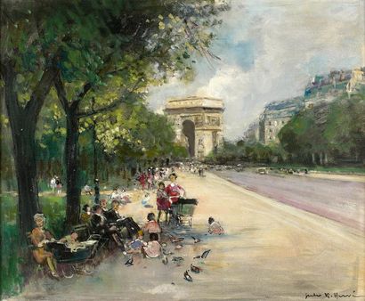 Jules René HERVÉ (1887-1981) 
Paris, l'avenue du Bois et l'Arc de Triomphe.
Huile...