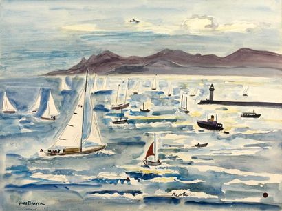 Yves BRAYER (1907-1990) 
Mer agitée à Cannes, 1969.
Mine de plomb et aquarelle sur...