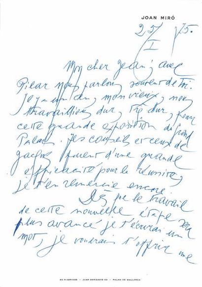 MIRÓ (Joan). 1893-1983 
Lettre autographe, signée à Jean LEYMARIE. 25. I. [19]75;...