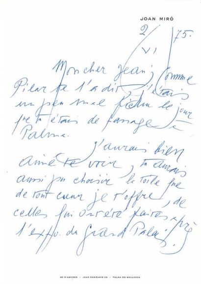 MIRÓ (Joan). 1893-1983 
Lettre autographe, signée à Jean LEYMARIE. 2. VI. [19]75;...
