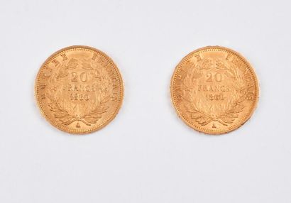 null Deux pièces de francs or, 1860 Paris.

Poids total : 12,80 g.

Petites usur...