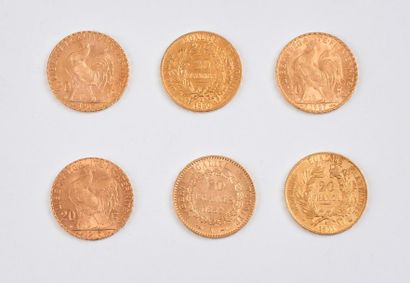 null Lot de 6 pièces de 20 francs or : 1850 Paris, 1851 Paris, 1887 Paris, 1907 (x2),...