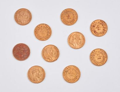 null Lot de 10 pièces de 20 francs or.

1854 Paris (x2) - 1855 Paris - 1858 Paris...