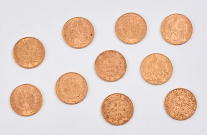 null Lot de 10 pièces de 20 francs or.

1877 Paris - 1878 Paris - 1893 Paris (x3)...