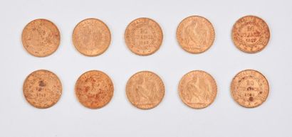 null Lot de 10 pièces de 20 francs or.

1877 Paris - 1893 Paris (x2) - 1895 Paris...