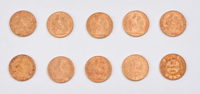 null Lot de 10 pièces de 20 francs or.

1876 Paris - 1893 Paris - 1901 - 1902 - 1905...