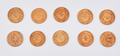 null Lot de 10 pièces de 20 francs or.

1854 Paris (x2) - 1855 Paris - 1857 Paris...