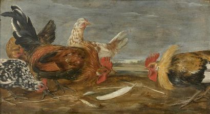Attribuée à Paul de VOS (Hulst 1595-Anvers 1678) 
Combat de coqs.
Huile sur panneau....