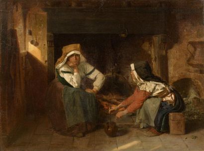 Jacques CLERE (1825-1918) 
Femmes dans un intérieur creusois, 1868.
Huile sur toile.
Signée...