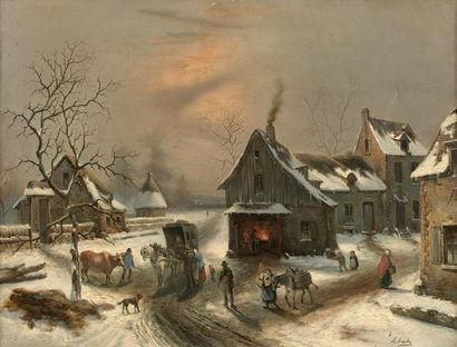 Claude MALBRANCHE (1790-1838) 
Village sous la neige.
Huile sur toile.
Signature...