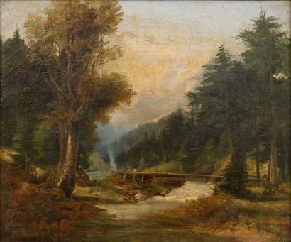 Alexandre CALAME (1810-1864) 
Pont sur le torrent en forêt, 1835.
Huile sur toile.
Signée...