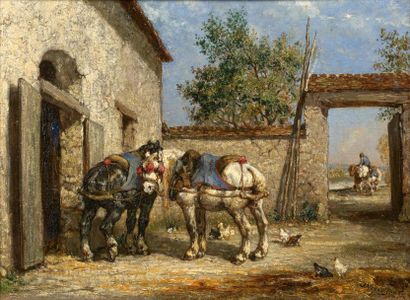 Jules Jacques VEYRASSAT (1828-1893) 
Chevaux de trait dans la cour d'une ferme.
Huile...