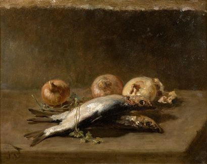 ECOLE FRANCAISE DU XIXème siècle 
Nature morte aux poissons et aux oignons.
Huile...