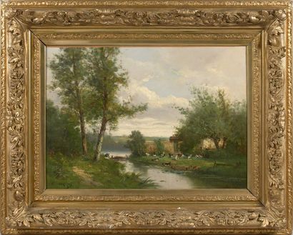 Edma MORIZOT (1839-1921) 
Lavandière et basse-cour près du ruisseau.
Huile sur toile.
Signée...