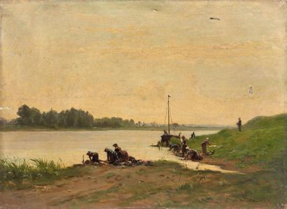 AUGUSTE ANASTASI (1820-1889) 
Lavandières au bord d'une rivière, [18]56.
Huile sur...