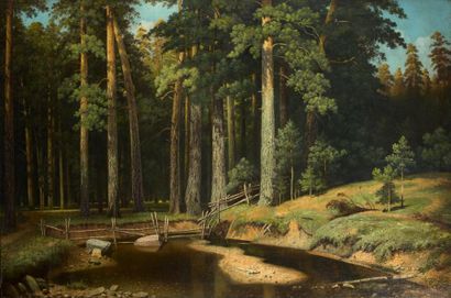 D'après Ivan CHICHKINE (1832-1898) 
Bosquet de pins.
Huile sur toile.
90 x 162 cm.
Restaurations.
Provenance:
Par...