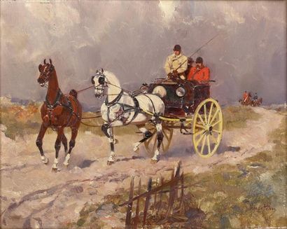 René PRINCETEAU (1844-1914) 
Rally cart dos à dos suivant une chasse à courre.
Huile...