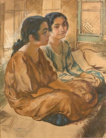 Evgeni Evgenievich LANCERAY (1875-1946) 
Deux jeunes filles assises en tailleur,...