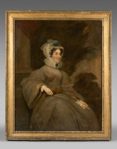 Ecole ANGLAISE du XIXème siècle 
Portrait d'une élégante au bonnet de dentelle, assise...