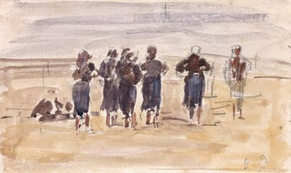 Eugène BOUDIN (1824- 1898) 
Groupe de six femmes de pêcheurs sur la plage.
Aquarelle...