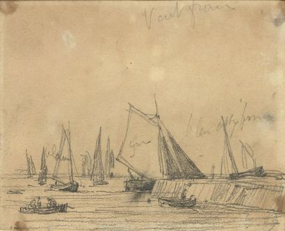 Eugène BOUDIN (1824-1898) 
Bateau de pêche près de la jetée.
Crayon.
Monogrammé du...