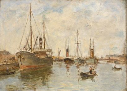 Charles François PECRUS (1826-1907) 
Bateaux au port de Trouville, 1903.
Huile sur...