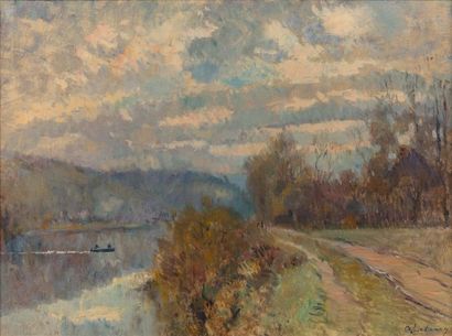 ALBERT LEBOURG (1849-1928) 
Rivière et chemin de halage.
Huile sur toile.
Signée...