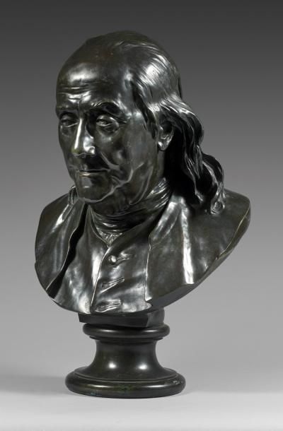 D'APRÈS JEAN-ANTOINE HOUDON (1741-1828) 
Benjamin Franklin
Épreuve en bronze patiné,...
