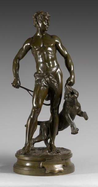Adrien GAUDEZ (1845-1902) 
Le Belluaire.
Epreuve en bronze patiné vert nuancé.
Signée...
