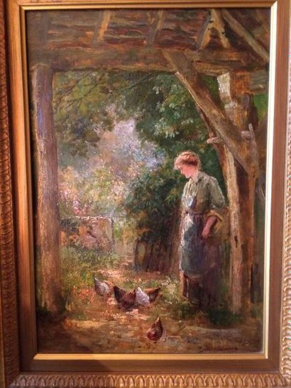 Ernest Charles WALBOURN (1872-1927) 

Paysanne aux poules.

Huile sur carton.

Signé...