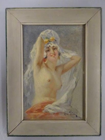René Louis PEAN (1875-1945) 

Femme en buste nu, relevant son voile.

Huile sur carton,...