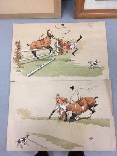 Etienne LE RALLIC (1891-1968) 

Deux scènes de chutes de cheval, lors de chasses...