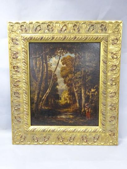 Suiveur de Narcisse DIAZ DE LA PENA (1807-1876) 

Paysanne en forêt.

Huile sur carton.

Trace...