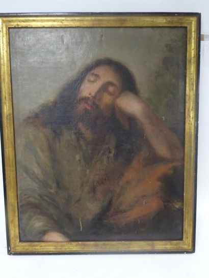 Ecole Italienne du XIXème siècle 

Homme assoupi.

Huile sur toile.

65 X 50 cm.

Accidents...