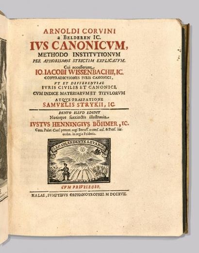 CORVIN (A.). 

Ius Canonicum… Halae,

O. Trophei, 1717; in-4 vélin ivoire de l’é...