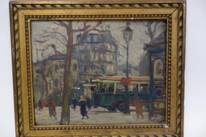 Ecole de la fin du XIXème siècle - début XXème 

Boulevard parisien animé avec bus...