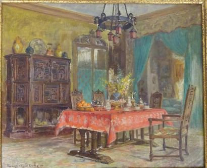 Eugène DEULLY (1860-1933) 

Salle à manger au mobilier gothique.

Huile sur toile.

Signée...
