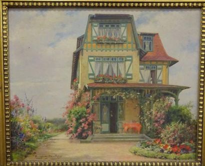 Eugène DEULLY (1860-1933) 

Maison à colombage vert et aux parterres fleuris.

Huile...