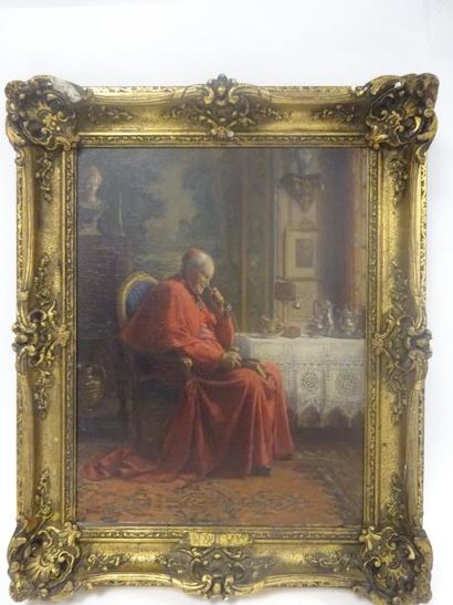 Jules BENOIT-LEVY (1866-1952) 

Cardinal au téléphone. 

Huile sur toile. 

Signée...