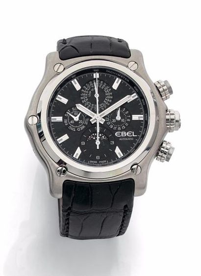 EBEL Belle montre chronographe en acier brossé à quantième perpétuel, cadran noir...