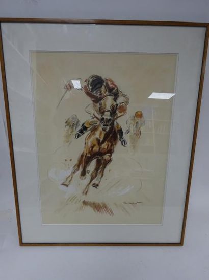 Paul ORDNER (1900-1969) 

Jockeys au galop.

Crayons de couleurs et gouache sur papier.

Signé...