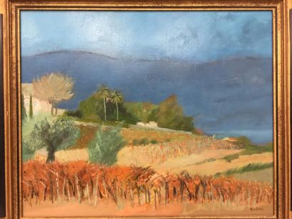 Guy Bardone (1927-2015) 

Paysage aux deux palmiers.

Huile sur toile.

Signée en...