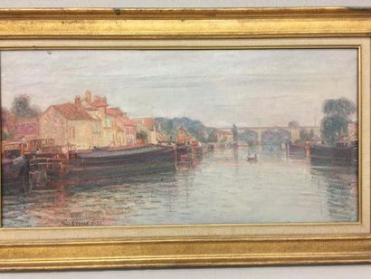 Pierre EYCHART (1943) 

Péniches à quai devant un pont.

Huile sur toile.

Signée...