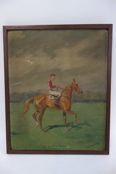 Eugène PECHAUBES (1890-1967) 

Le jockey.

Huile sur carton.

Signée en bas à droite.

27...